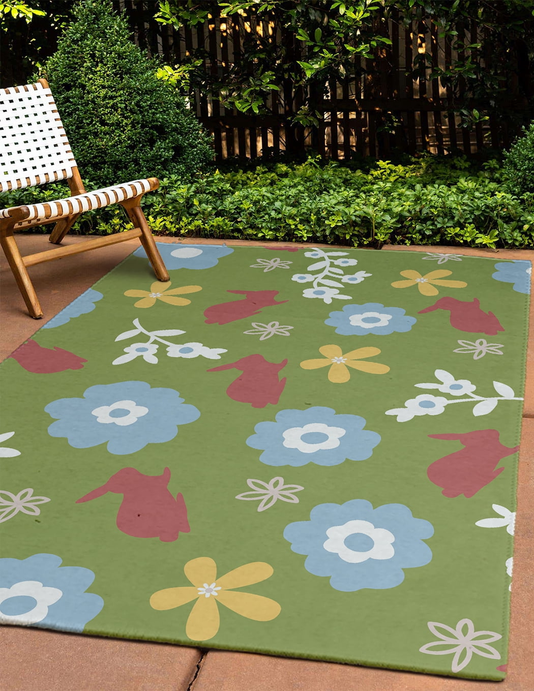 4' x 6' Simply Daisy Flowery Love with Bunnies Traditional Chenille Area Rug, Apple Green