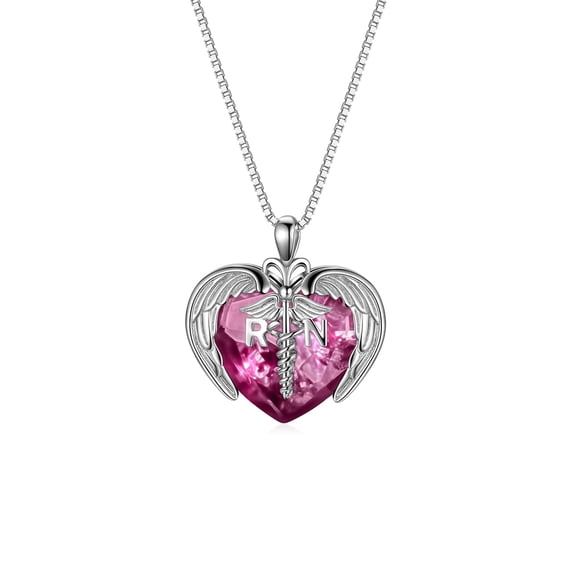 MYSTICPOEM Sterling Silver Registered Nurse RN Caduceus Pendant Necklace with Angel Heart Charm Nurse Nursing School Graduation Gifts for Women (Nurse-RN-Purple)