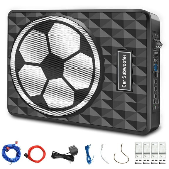 AWESAFE 10" Upgrade 1200W Slim Under Seat Powered Car Subwoofer, Car Truck Audio Sub Built in Amplifier amp Combo Football Design Package