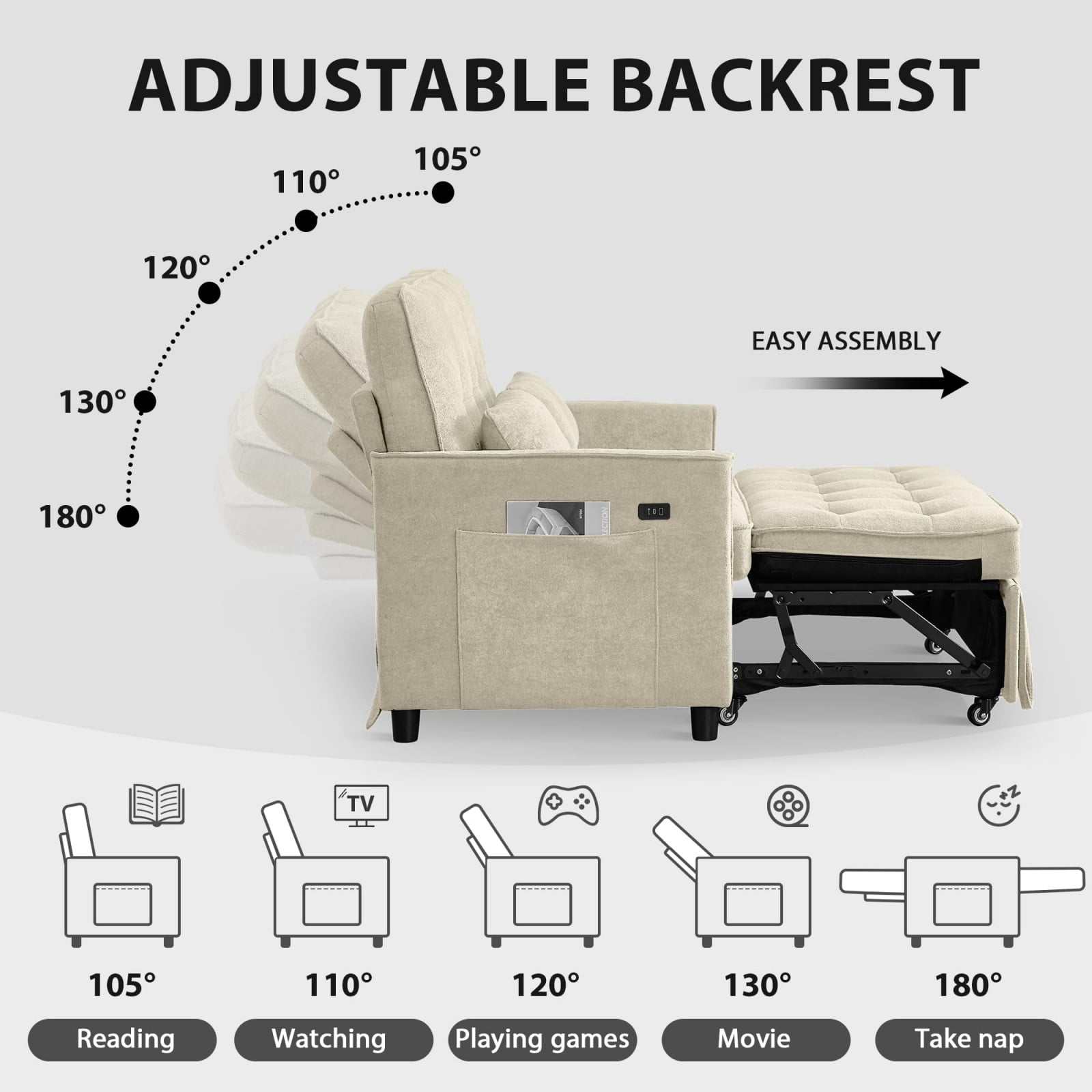 Convertible Sofa Bed, 3 in 1 Pull Out Couch Loveseat Sleeper with USB Charging Port, Adjustable Backrest, Side Pocket, Fabric Couch for Living Room Apartment, Beige
