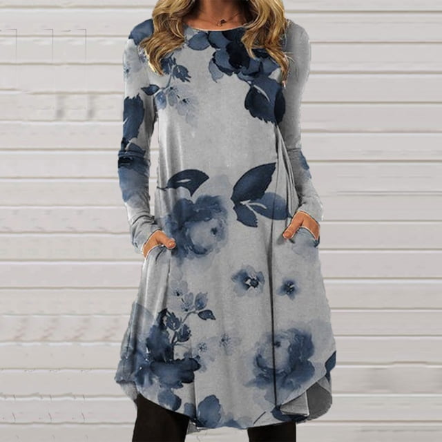 Robe Décontractée Maxi d'Automne pour Femmes, Aguichant, Douce, à Col Rond, Manches Longues, Formelle, à Imprimé Floral Irrégulier et Teinture sur Nœuds en Blocs de Couleur