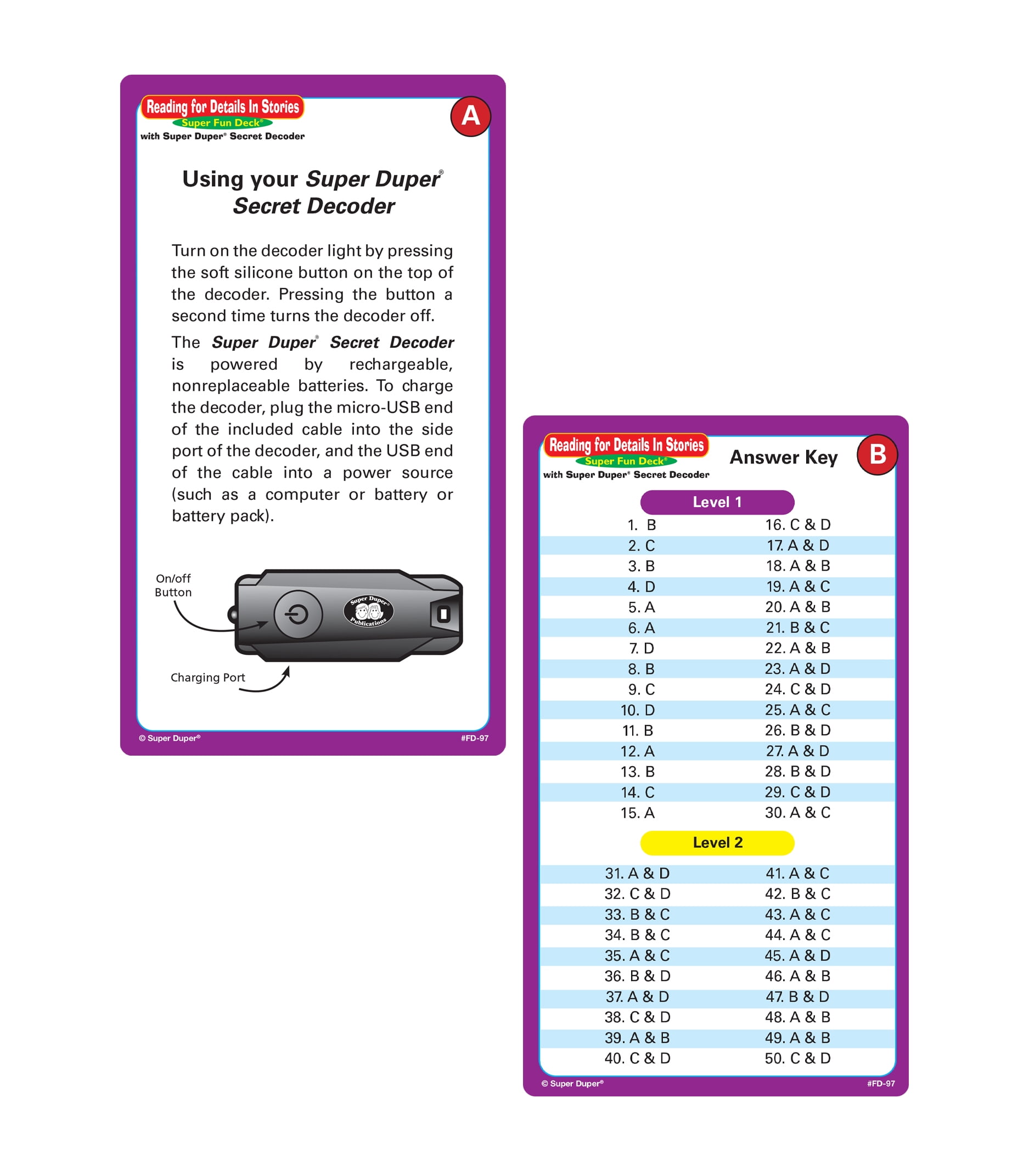 Super Duper Publications Reading for Details in Stories Fun Deck Flash  Cards with Secret Decoder Educational Learning Resource for Children 
