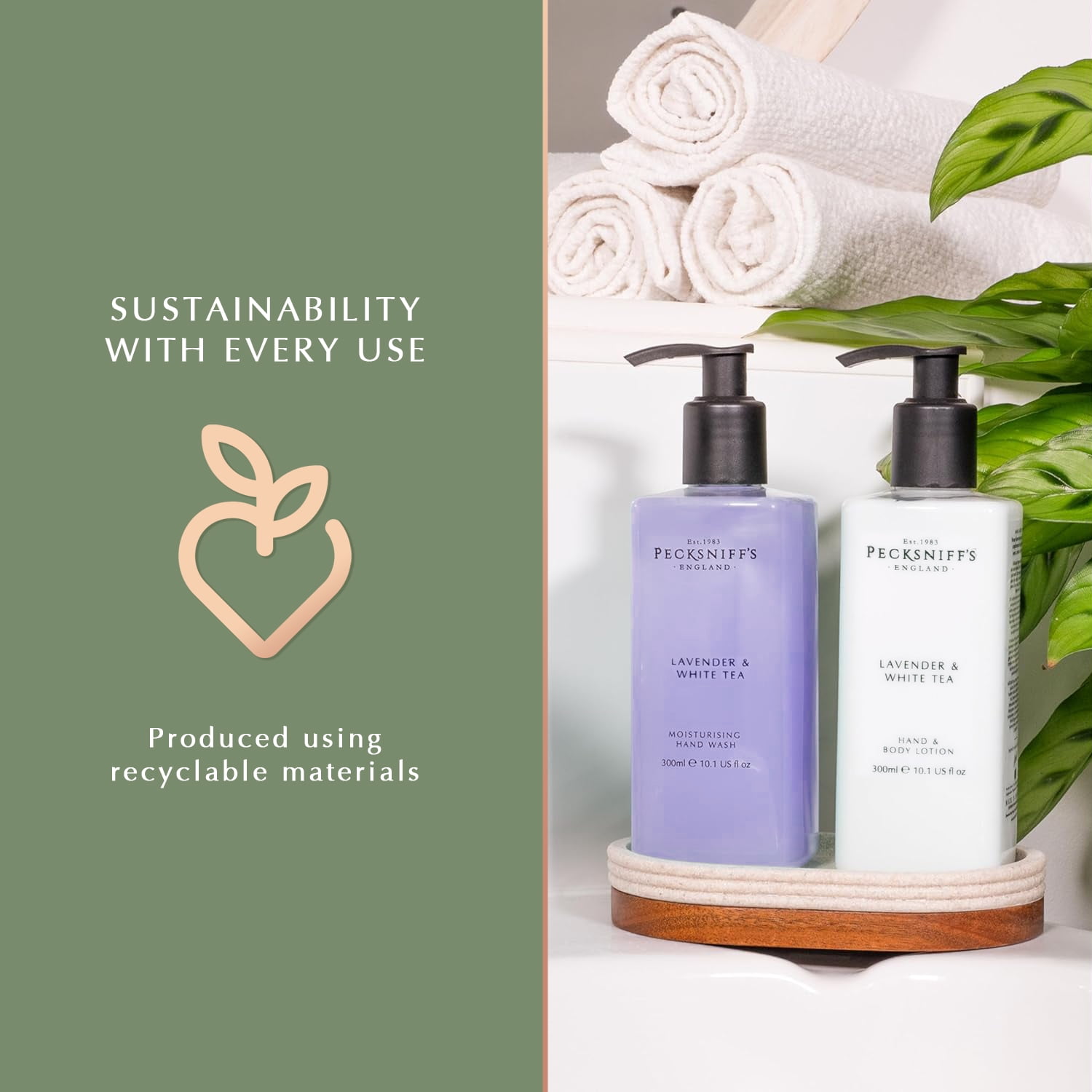 Pecksniffs Lavender & White Tea Moisturizing Hand Wash and Hand Lotion in a Black Mesh Caddy | 300ml/10.14 Fl oz
