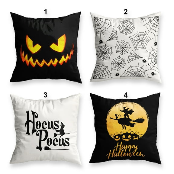 Halloween Pillow Covers, Halloween Decoration, Hocus Pocus, Scary Pumpkin, The Witch, White and Black, Set of 4 Pillow Covers - 17x17 in