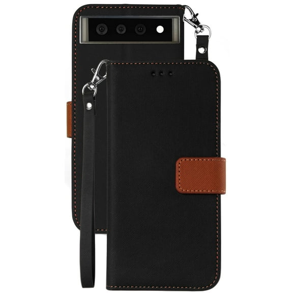 Wallet Phone Case for Google Pixel 6, [Black/Brown] Folio Credit Card Slot ID Cover, View Stand [with Magnetic Closure, Wrist Strap Lanyard]