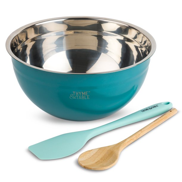Thyme & Table Stainless Steel Mixing Bowl with Silicone Spatula & Wood