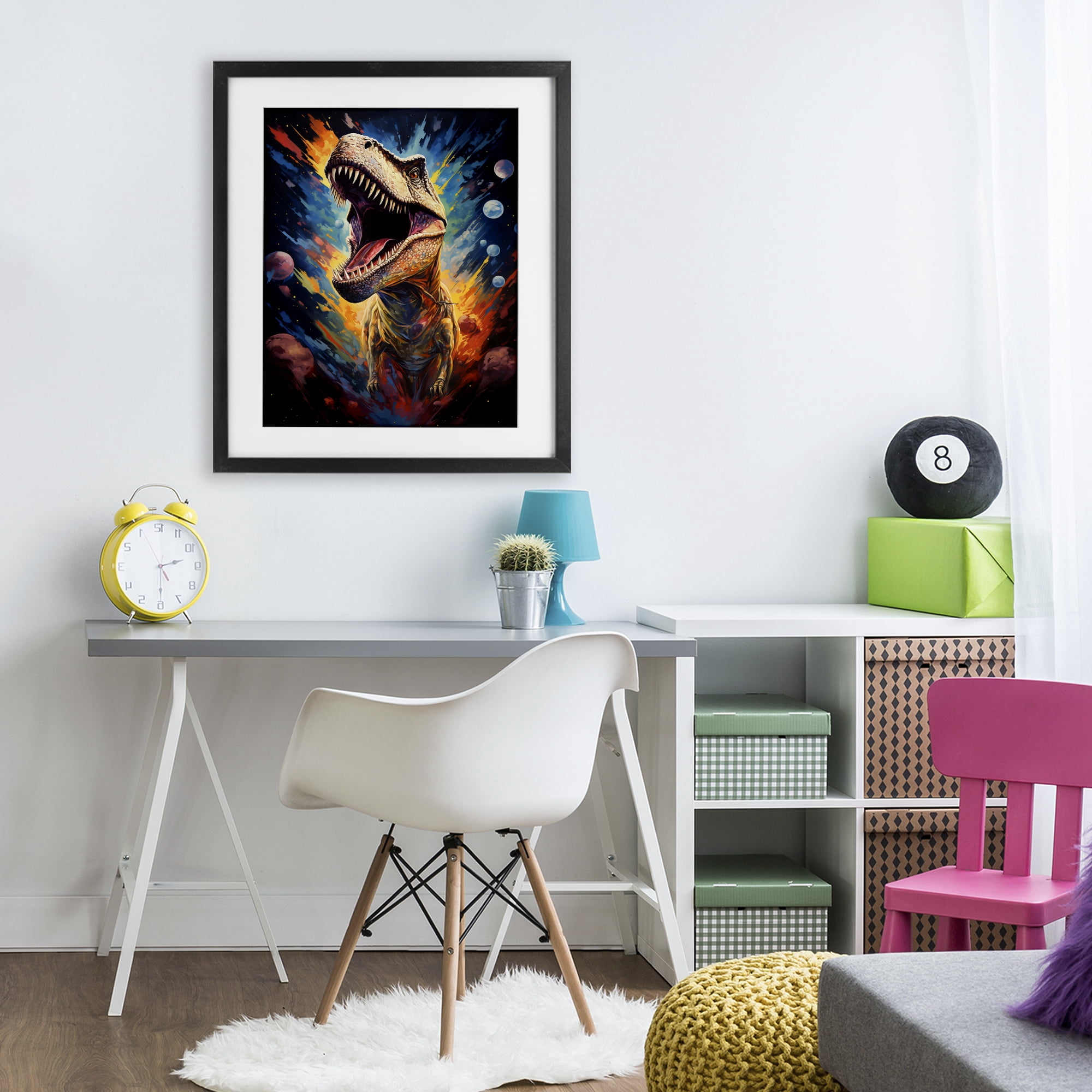 Stupell Industries Dinosaur with Planets Black Framed Print Under Glass, design by Creative Studio
