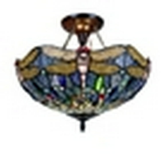 CHLOE Lighting SUNNIVA Dragonfly Tiffany-Style Dark Bronze 2 Light Semi-Flush Ceiling Fixture 16" Wide
