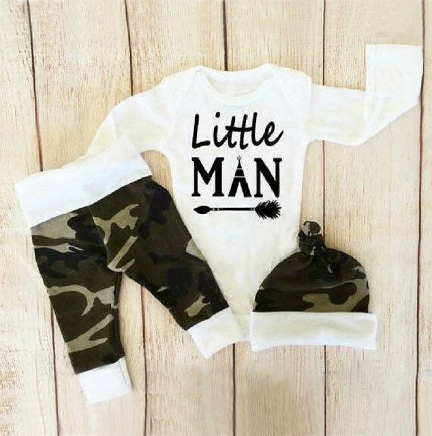 Hat Outfits Set i-Auto Time Newborn Baby Boy Clothes Little Man Deer Printed Romper Tops Camouflage Pants