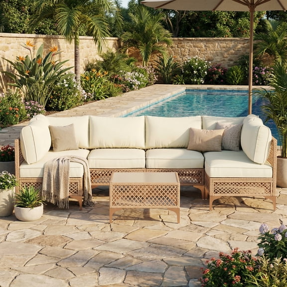 LAZZO 7-Piece Patio Furniture Set, Outdoor Wicker Conversation Set with Thick Cushions & Coffee Table for Backyard and Garden, Beige