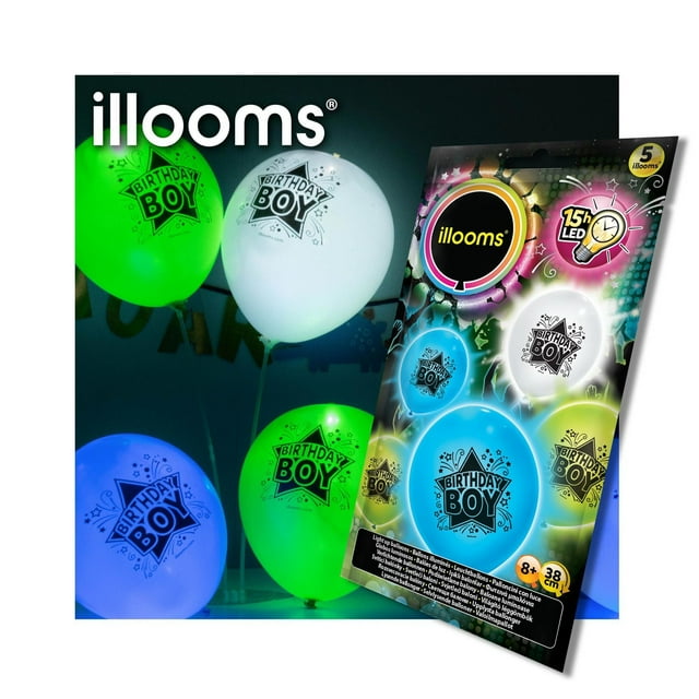 illooms pack of 5 LED light-up birthday balloons in green, white, blue colors featuring 'Birthday Boy' text and star designs for party decoration