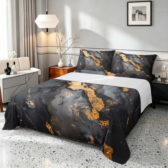 Manfei Aesthetic Marble Queen Sheets, Foil Queen Sheet Sets, Black and Gold, Black Reversible 4pcs1 Flat Sheet 1 Fitted Sheet 2 Pillowcases