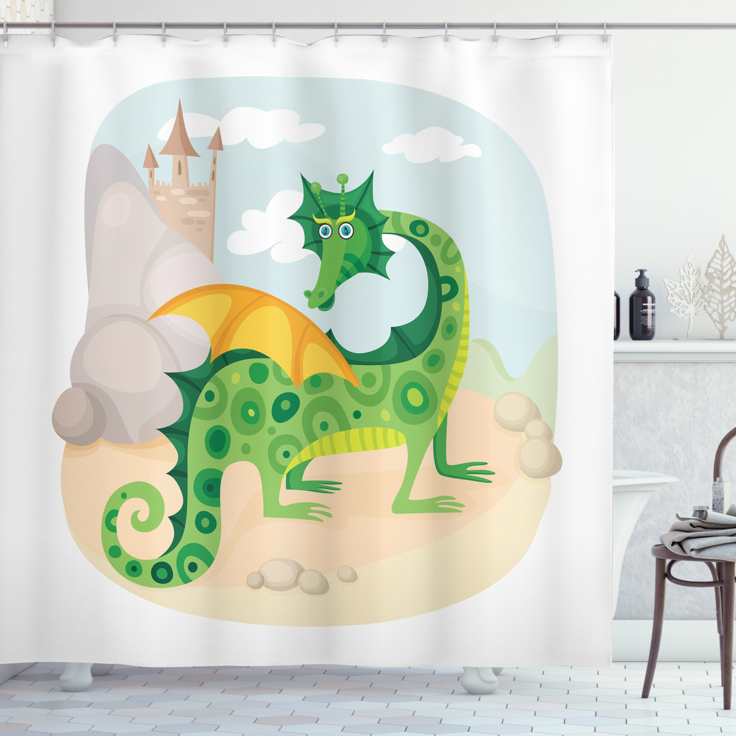 Fairy Tale Shower Curtain, Goofy Dragon with Spotted Skin and Yellow ...