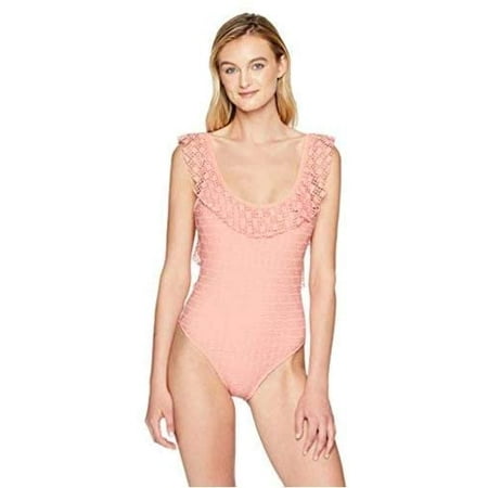 Kenneth Cole REACTION Womens Standard Ruffle Sleeve Scoop Neck One Piece Swimsuit Large Light Coral