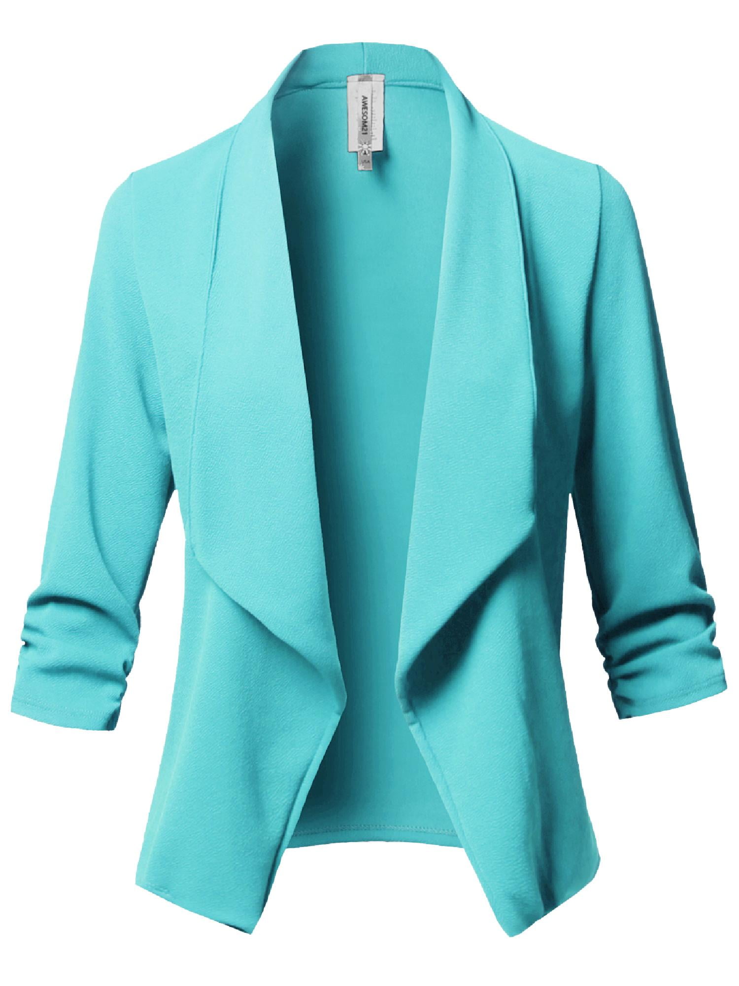 Women's Casual Style Stretch 3/4 Gathered Sleeve Open Front Work Office Blazer Jacket