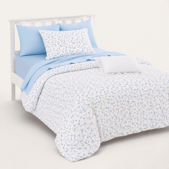 - Flcomforter Set Coquettetagecore Aesthetic Cute Flower Pattern For Women Teen Soft Lightweight Dorm Bedding 3 Pieces Blue White