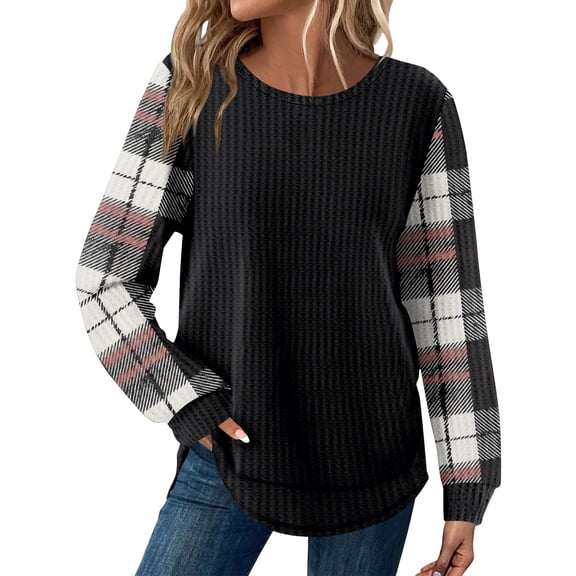 Kixjoy Womens Black Long Sleeve Tops Plus Size Fashion Crewneck Tunic Tops Striped Waffle Knit Loose Fit T Shirts Casual Winter Blouses for Women, Black XXL