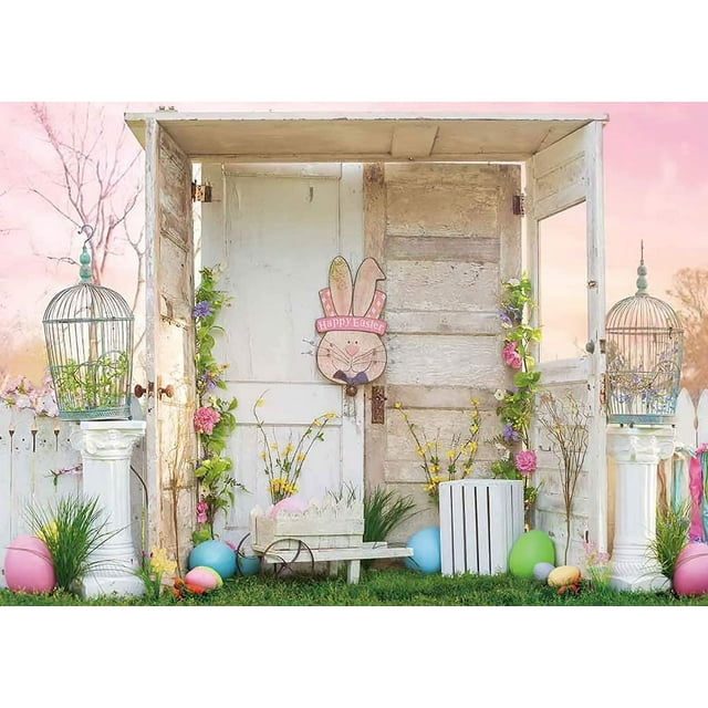 Spring Happy Easter Pink Sky Photography Backdrops Rabbit Colorful Eggs Green Grass Backdrop Vinyl 5x3ft Kids Newborn Party Photo Background Girls Birthday Banner Studio Booth Props