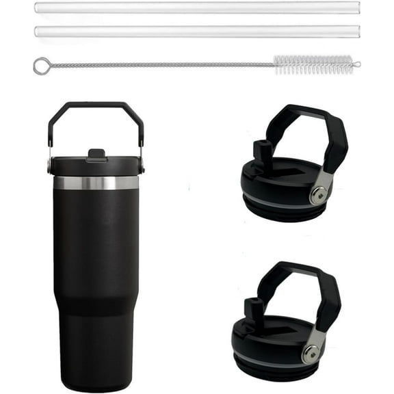 2Pack Replacement Tumbler Lid for Stanley IceFlow 30 oz(Only) Flip Straw Lid, with 2Pcs Reusable Straws,1Pcs Cleaning Brush (Black)