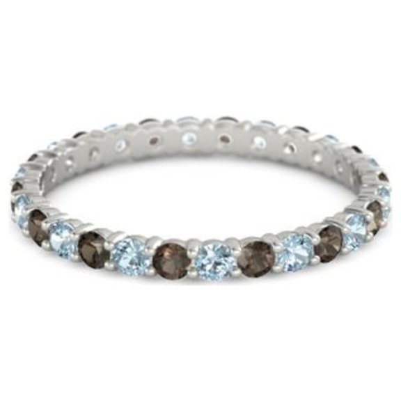 Aquamarine With Smoky Quartz Round 2.50 MM Eternity 925 Sterling Silver Women Stacking Ring Size US- 4