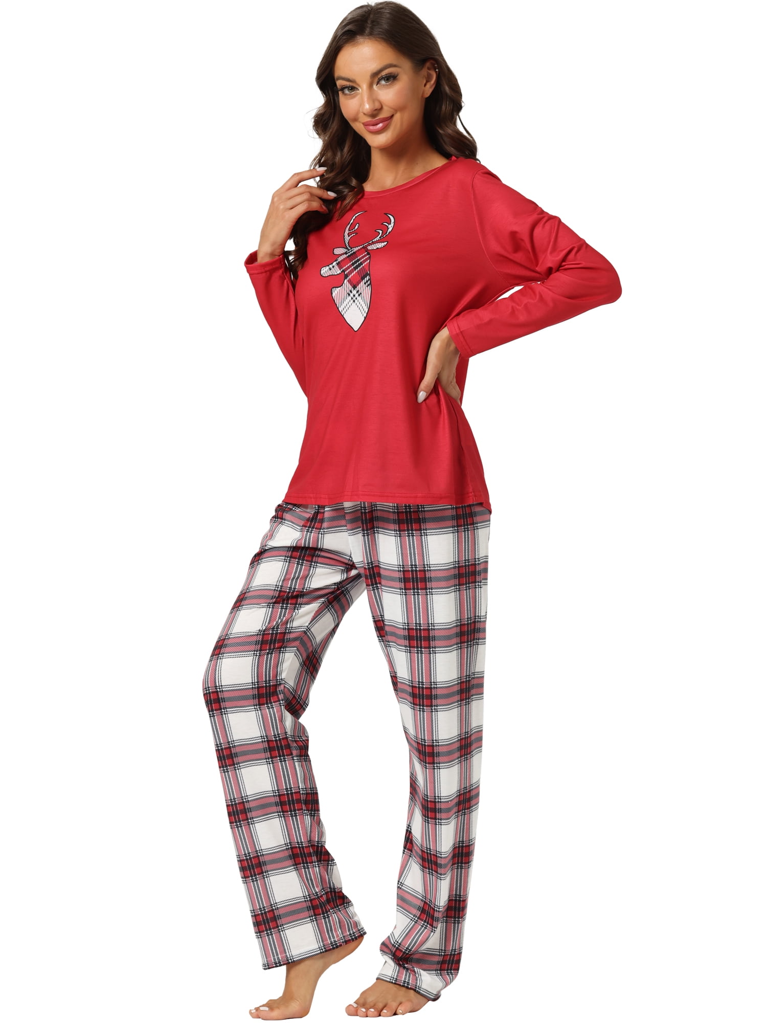 Unique Bargains Christmas Elk Print Tops with Plaid Pants Sleepwear Family Pajama Set S Women