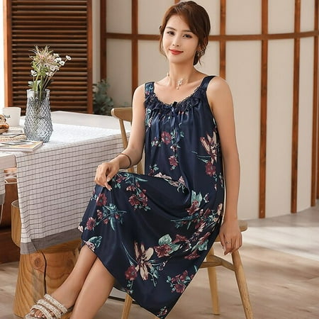 

QWZNDZGR Hot Sale 4XL Faux Silk Elegant Female Sexy Spaghetti Strap Ladies Nightwear Dress for Womens Satin Nightgowns Night Sleepshirts
