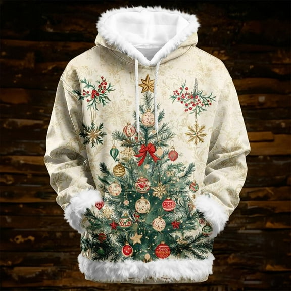 Christmas Sweatshirts Hooded Hoody Cozy Soft Casual Pullover Long Sleeve Outerwear Daily Streetwear Loungewear Womens Hoodie Beige L