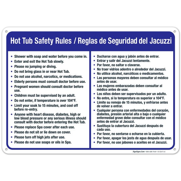 Hot Tub Safety Rules Sign, Bilingual English Spanish, 10x14 Aluminum