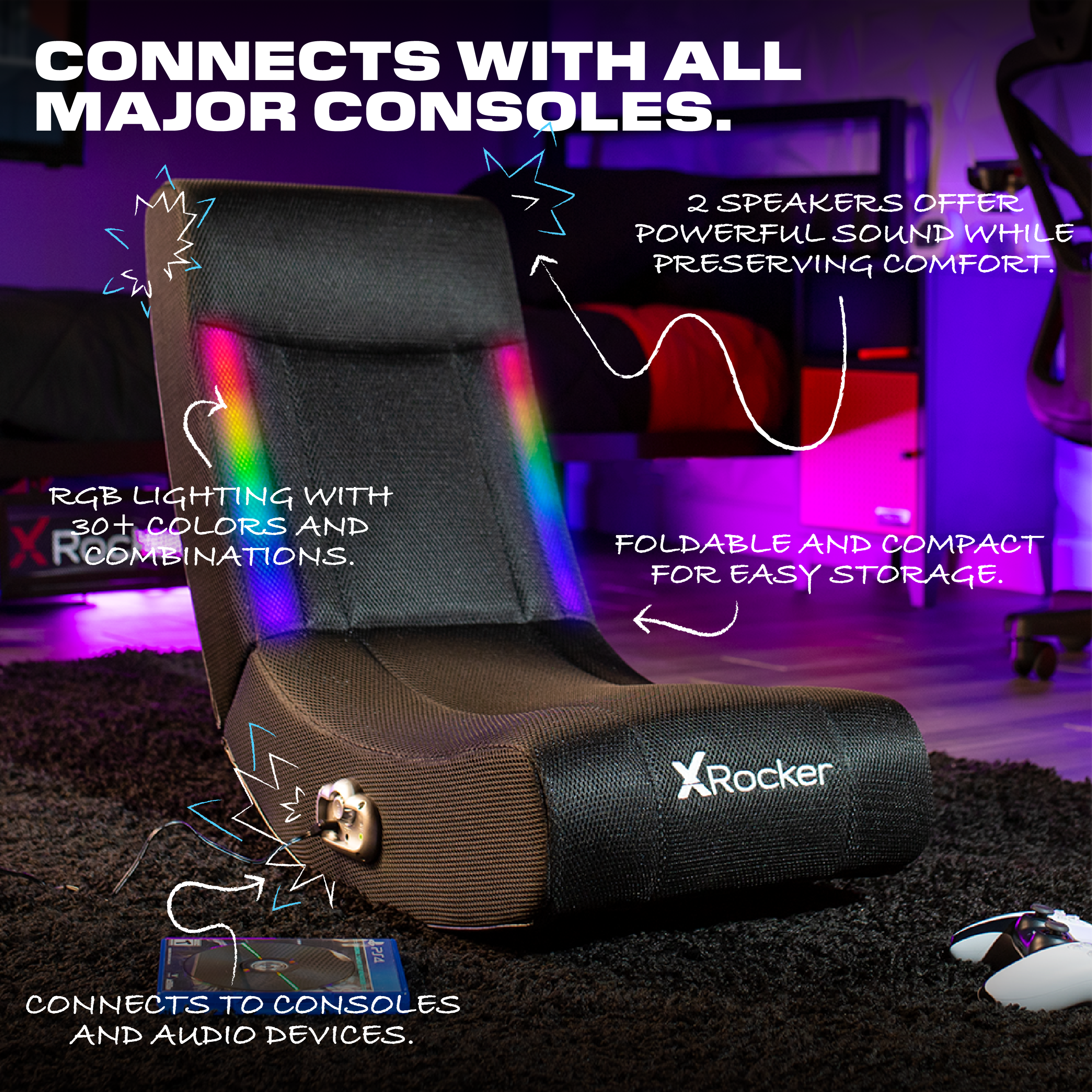 X Rocker Solo RGB Audio Floor Rocker Gaming Chair, Black Mesh 29.33 in x 14.96 in x 24.21 in - image 3 of 6