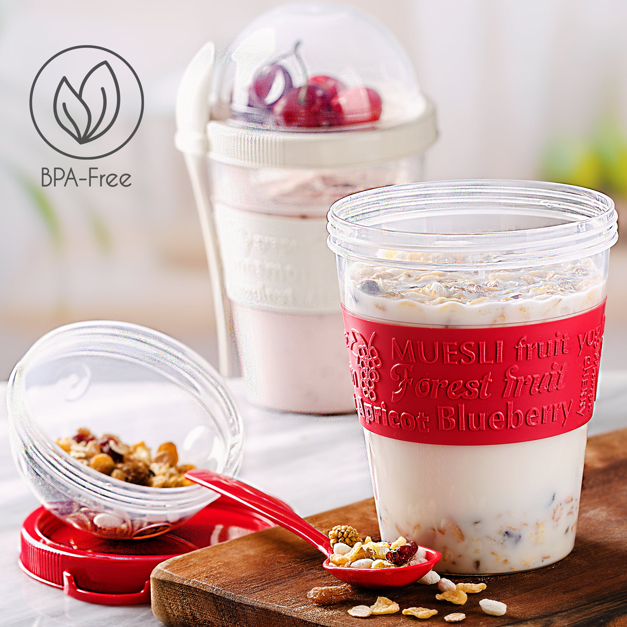 CRYSTALIA Yogurt Parfait Cups with Lids, Breakfast On the Go Plastic Bowls  with Topping Cereal Oatmeal or Fruit Container, Snack Cup and Spoon for  Lunch Box, Portable & Reusable, 2PCs 