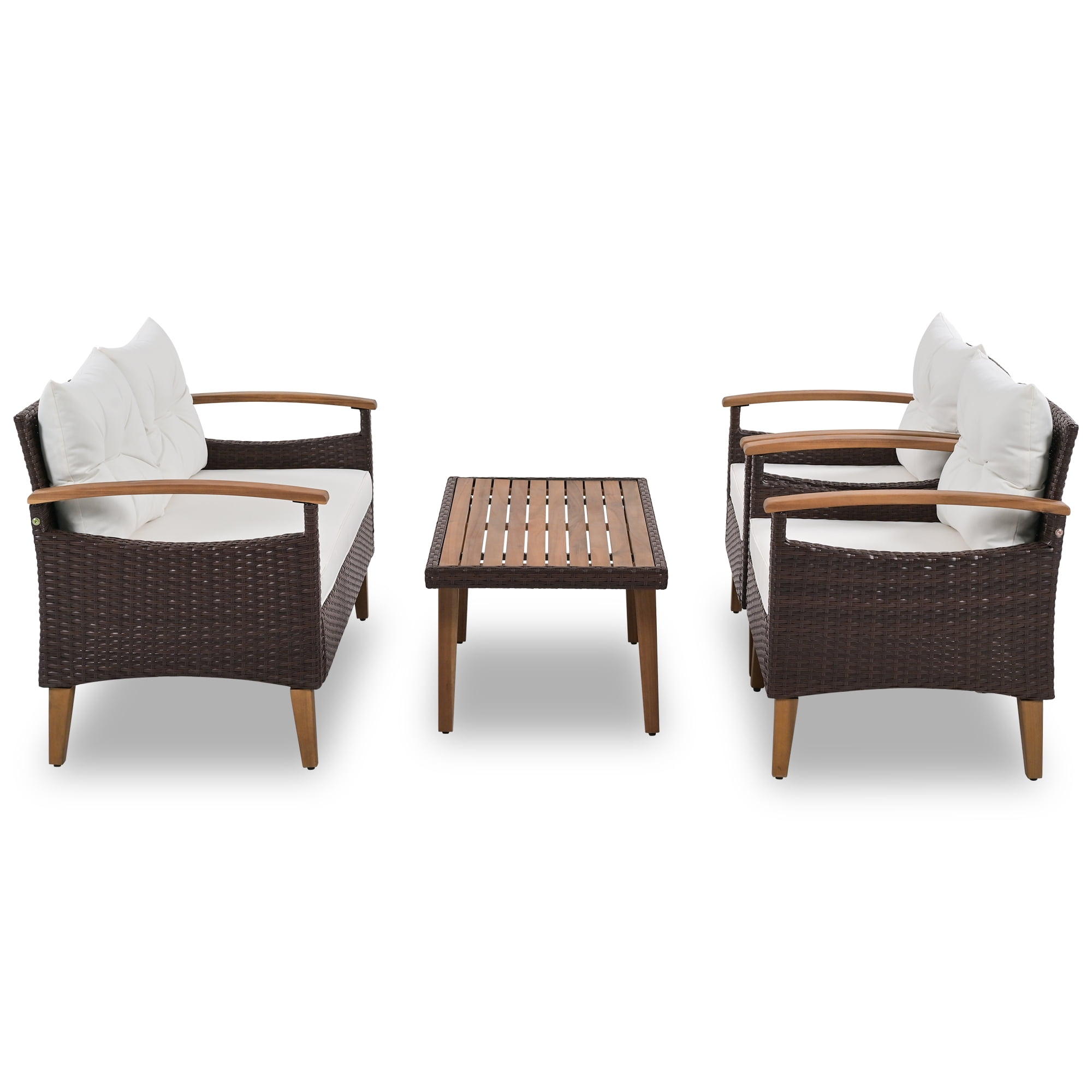 Seizeen 4-Piece Patio Furniture Set, PE Rattan Outdoor Conversation Set with Acacia Wood Table & Armrests, Heavy-duty Sofa Set with Cushions, Patio Seating Set for Backyard Garden Porch Deck