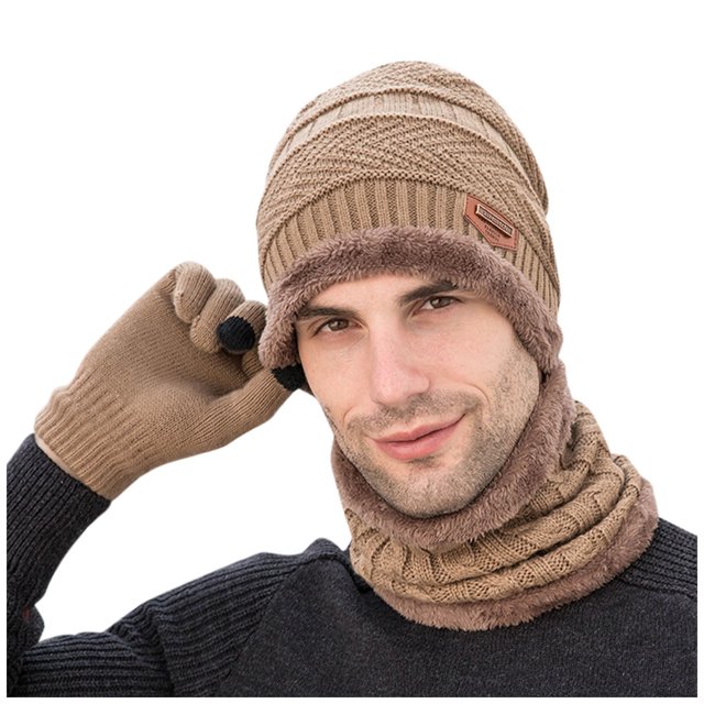 ¡Liquidación! Gorro Fdelink de invierno para hombre, tejido polar, resistente al viento, bufanda y guantes. Gorro de punto de invierno de tres piezas, cálido, color caqui.