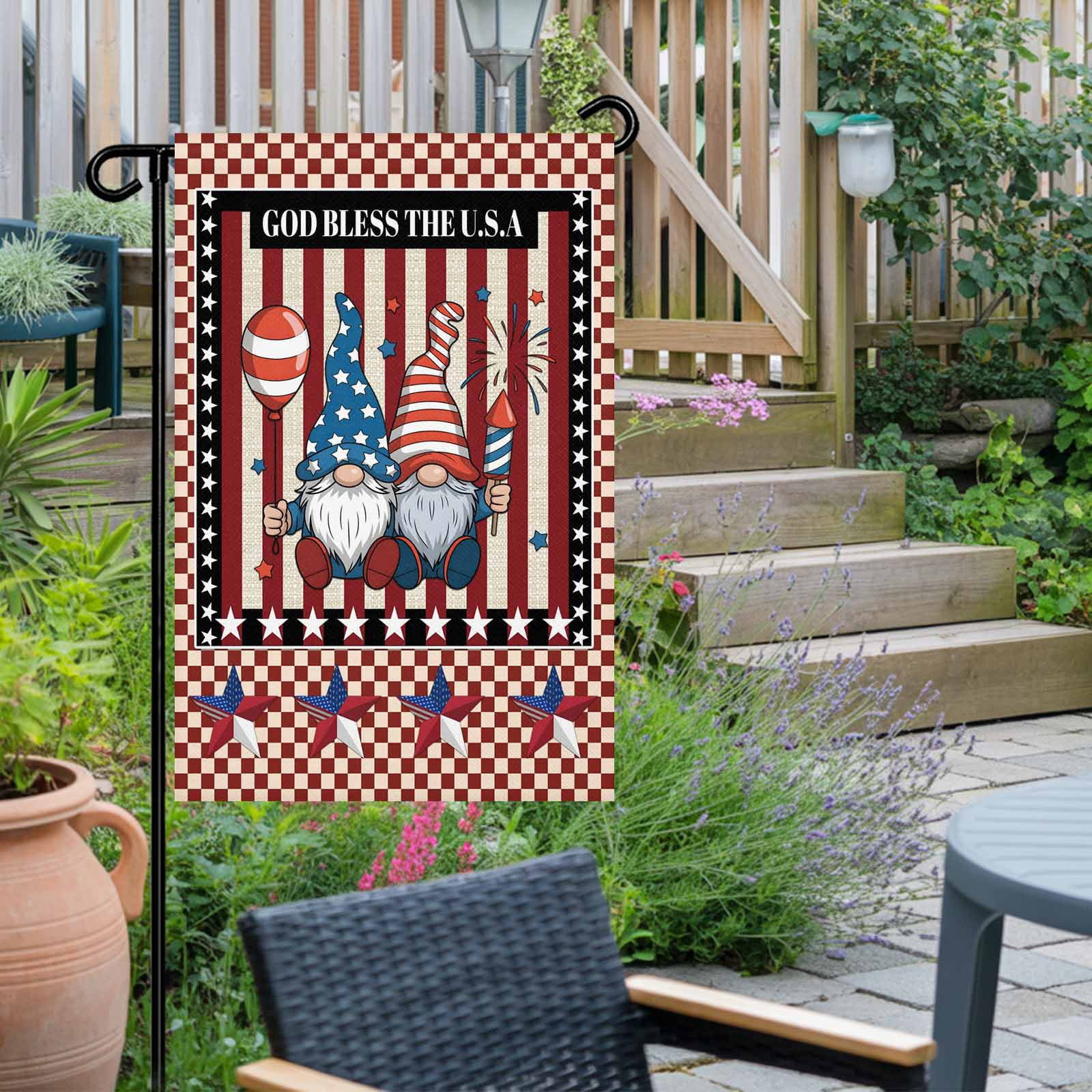 4th of July Garden Flags Patriotic Stars Stripes Garden Flag Double Sided Welcome Flag Gnomes God Bless USA Independence Day Yard Flags for Outdoor Lawn Porch Memorial Day Holiday Decor 28x40 Inch
