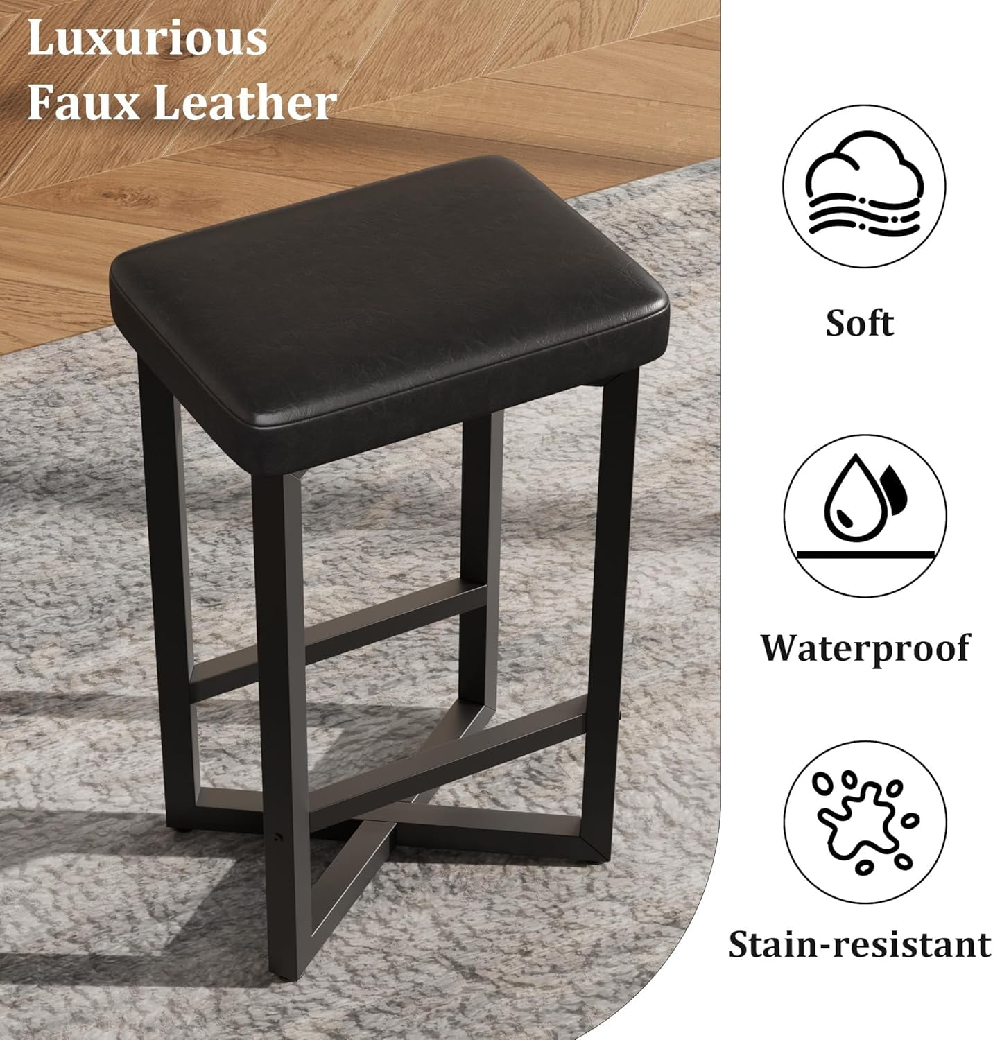 Towallmark Bar Stools Set of 2, 24.6" Counter Height Backless Barstools, Upholstered PU Leather Seats with Metal X-Frame & Footrest, Modern Kitchen Stools for Home Bar, Dining Room, Black