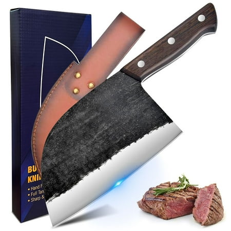Kitchen Knife 7" High Carbon Steel Butcher Knife Serbian Chef Chopping Bone Knife for Meat,Mutton and Vegetable Cooking Cutter,with Leather Sheath,Unique Gifts For Men