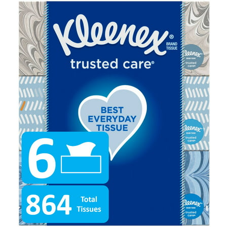 Kleenex Trusted Care Everyday Facial Tissues, 6 Flat Boxes, 144 Tissues per Box (864 Tissues