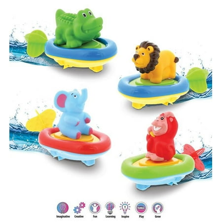 UPC: 0769498046166 | DolliBu Safari Boat Racers Bundle Set of 4 – 3-in-1 Bath Toy Pull & Go Floating Water Racing Floor Racing & Finger Puppet for Pool Bathtub & Outdoor – Alligator Lion Elephant & Monkey – 4 Pack