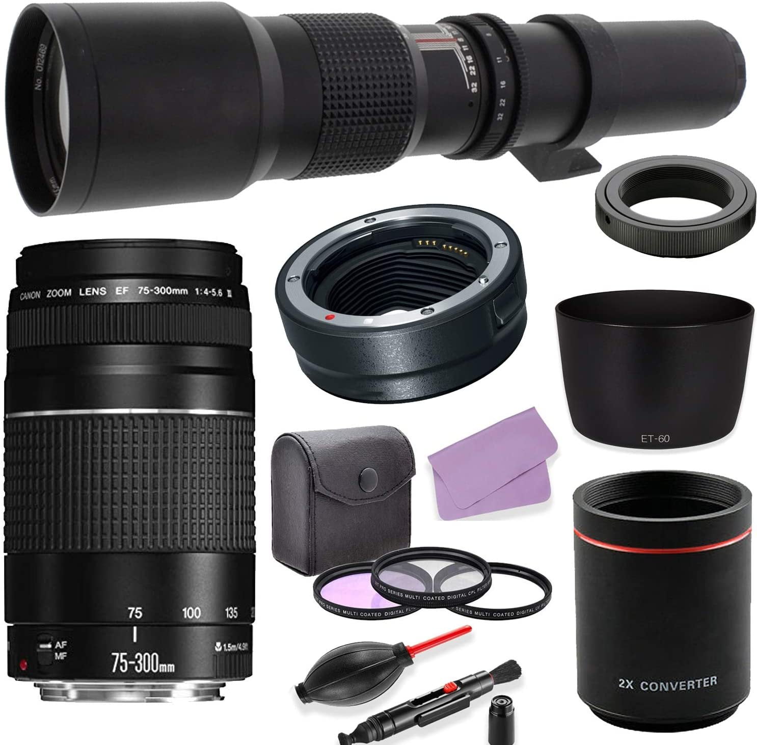 Canon EF 75-300mm f/4-5.6 III Lens + 500mm (w/ 2X 1000mm) f/8.0 Preset MF  Lens + EOS R Auto Adapter Bundle with HD Filters, PZ ET-60 Hood for Canon 