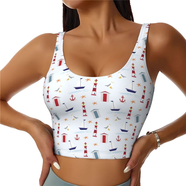 Fotbe Nautical Lighthouse Sailboat Sujetador Deportivo Largo sin Aros para Mujer con Almohadillas y Soporte Medio, Transpirable y Absorbente, Camiseta Tipo Chaleco o Tank Top-Small