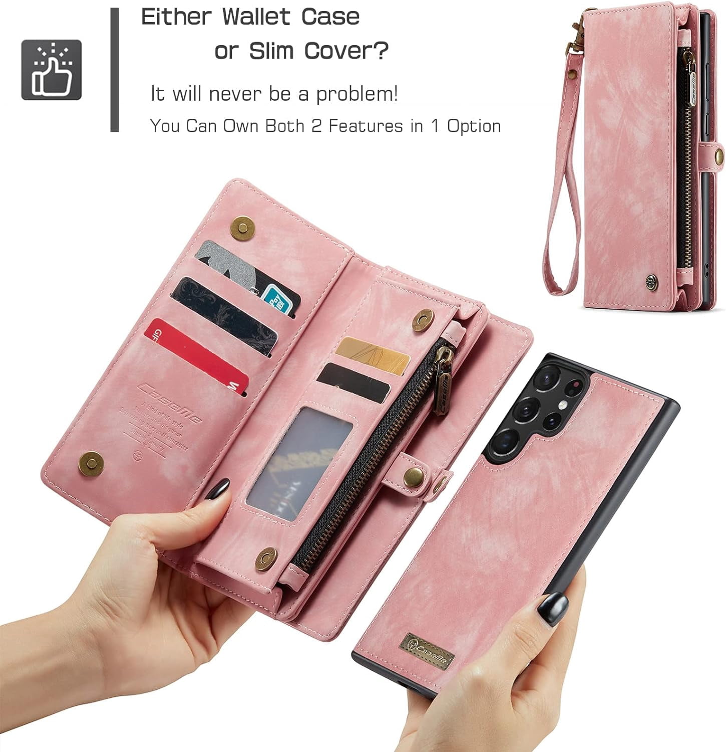 2 in 1 Detachable for Samsung Galaxy S23 Ultra Wallet Case with Card Holder, Retro Premium Flip Leather Cover  Zipper Pocket Phone Cases 6.8'' (Pink,S23 Ultra)