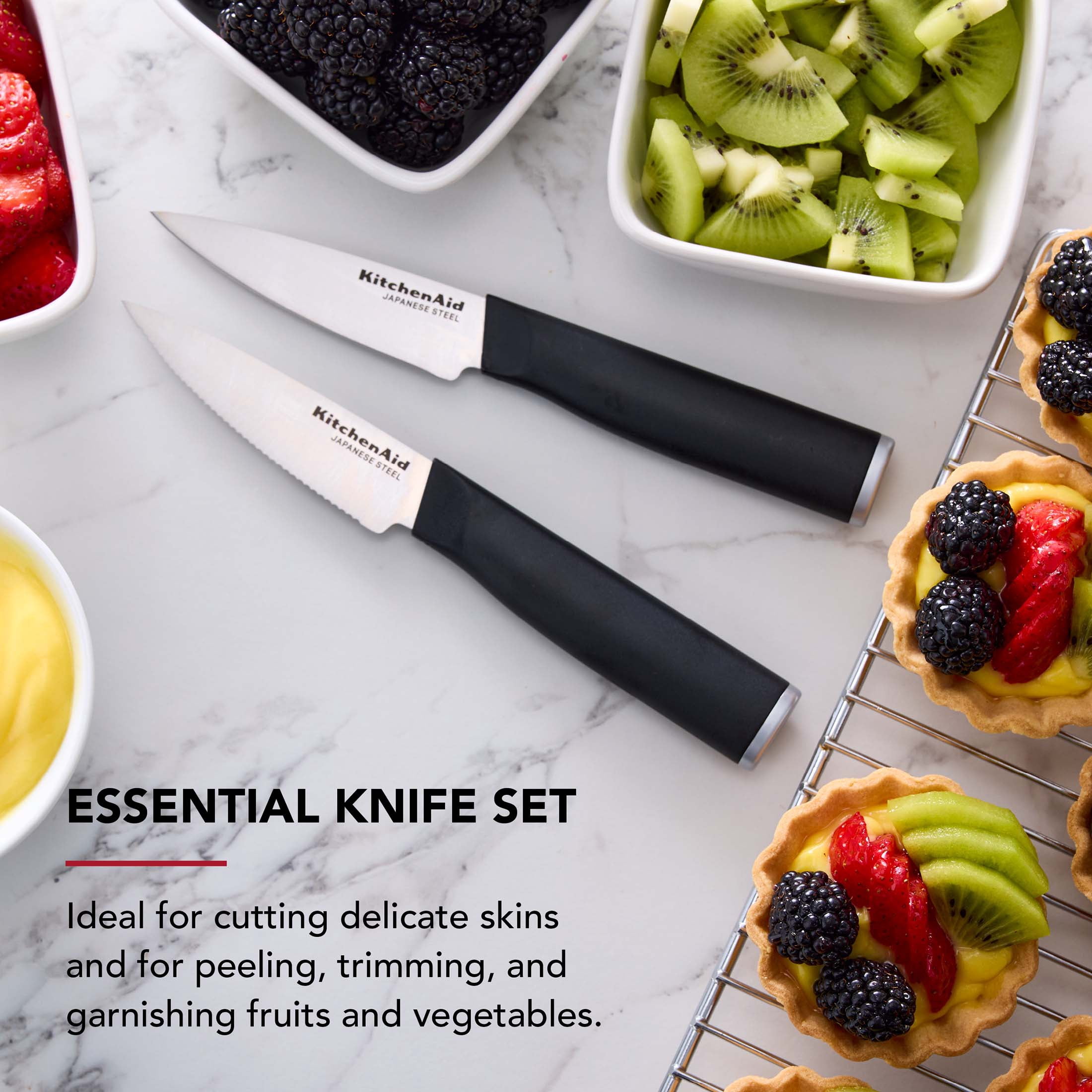 KitchenAid 2-Piece Paring Knife Set, High-Carbon Japanese Steel, Straight & Serrated, with Covers