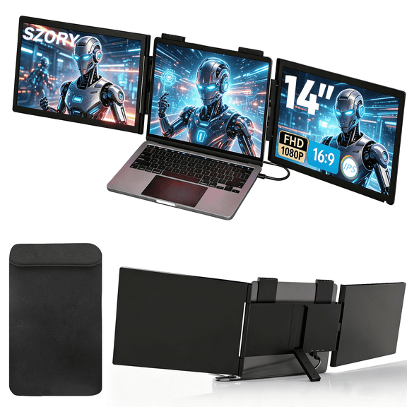 Dual Laptop Screen Extender, 14" 1080P IPS Portable Triple Monitor for 14-16.5" Laptops with USB-C Port, Plug and Play, Attachment Screen for Windows/Mac/Android/Switch/PS5/Xbox