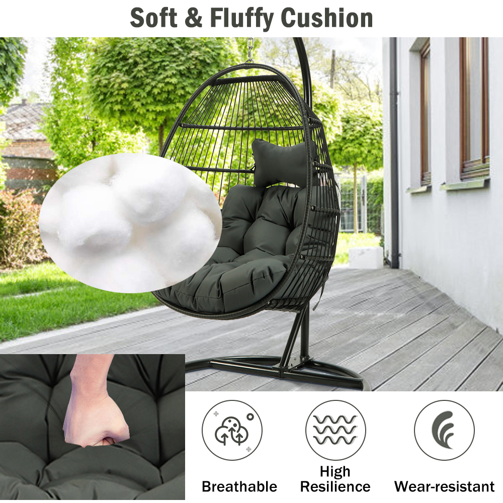 Patio Wicker Hanging Chair with Stand and Gray Cushion, Heavy Duty Hanging Egg Chair with Iron Frame, UV Resistant Outdoor Furniture Swing Chair with Headrest Pillow, Capacity of 240lbs, Q17156 - image 4 of 12