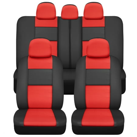 BDK Black & Red Faux Leather Car Seat Cover Full Set - Front & Rear Split Bench Seat Covers For SUV & Truck Seat Protector, Airbag Compatible - Seat Covers for Cars & Interior Covers & Accessories