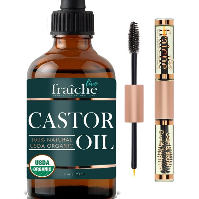 Aceite de ricino orgánico Live Fraiche (4 oz) + tubo de rímel relleno USDA puro prensado en frío sin hexano suero de pestañas aceite de crecimiento del cabello para pestañas cejas cabello - aceite d