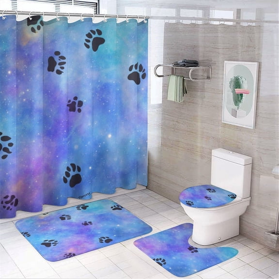 Galaxy Paw Prints Pattern Shower Curtain Sets Non-Slip Rugs Bath Mat Toilet Cover U Shaped Mat 4 Pcs