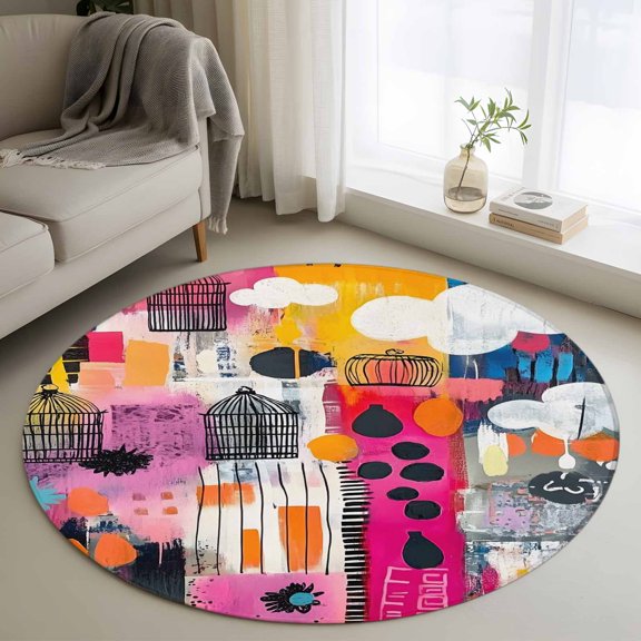 Round Rugs 3.3Ft, Colorful Oil Painted Round Area Rug Washable Indoor Throw Carpet, Abstract Modern Contemporary Soft Non Slip Circle Rug for Laundry Room Patio Home Decor Aesthetic