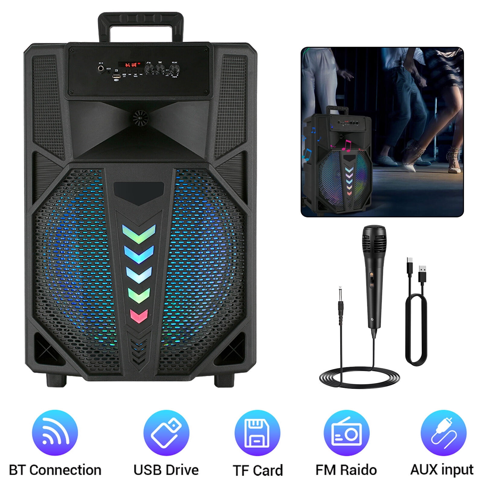 15" Woofer Portable Wireless Party Speaker with Microphone, RC, LED, Black,USB/TF/BT/AUX/FM/TWS