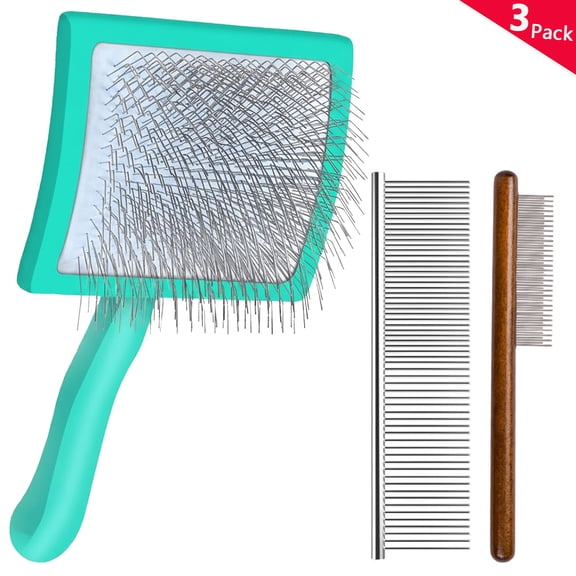 Slicker Brush for Dogs, Large Long Pin Dog Grooming Brush for Doodles Goldendoodles Poodles Labradoodle Bernedoodles, 3 Pcs Wooden Handle for Mats Tangles - Green