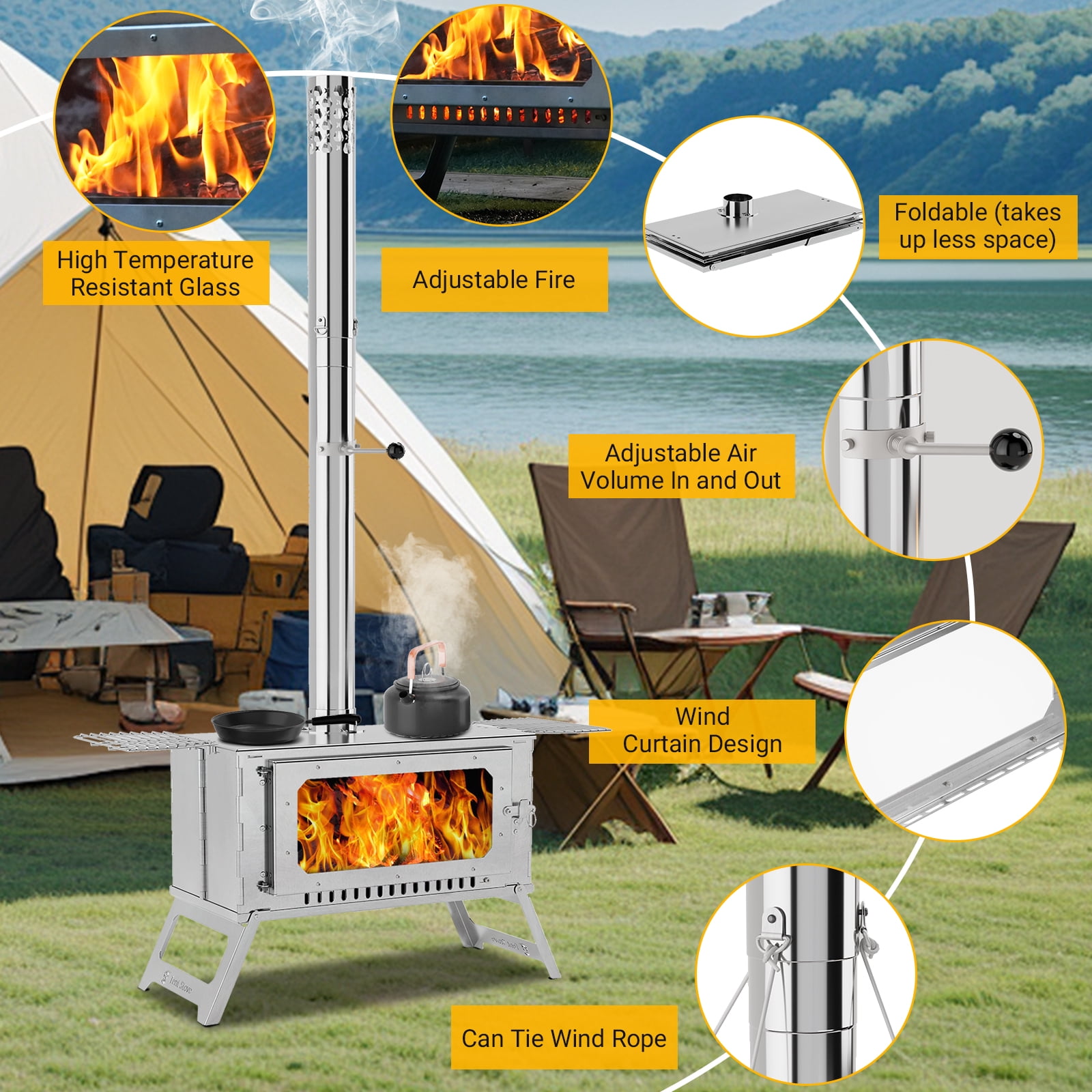COZONY Stainless Steel Camping Tent Stove w/ Pipe & Bag,grill net， Portable Wood Burning Stove for Outdoor Cooking